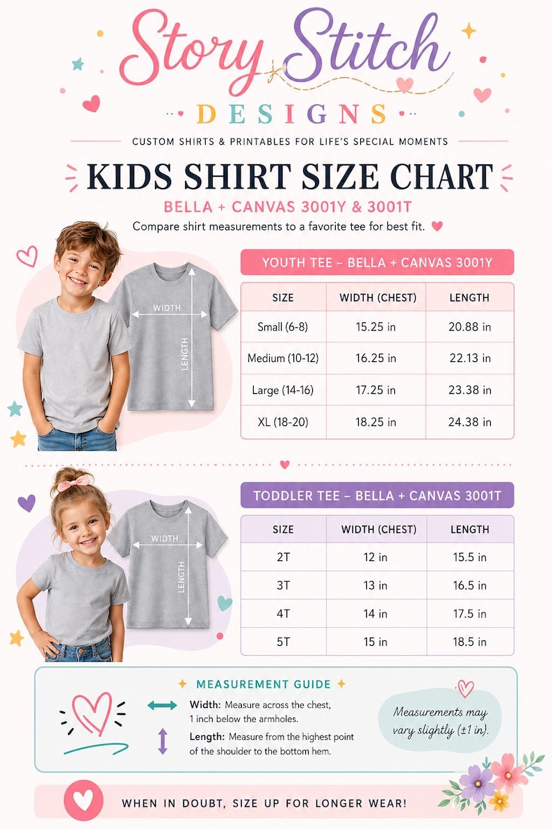 May include: A Story Stitch Designs kids shirt size chart for Bella + Canvas 3001Y and 3001T tees. It includes two tables listing sizes, widths, and lengths in inches for youth and toddler shirts, along with a measurement guide and instructions.