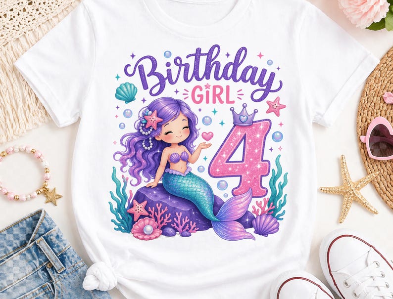 May include: A white short-sleeve t-shirt featuring a graphic of a purple-haired mermaid sitting on a rock, surrounded by sea life and bubbles. The text reads Birthday Girl above the mermaid, with a large glittery pink number 4 to the right.