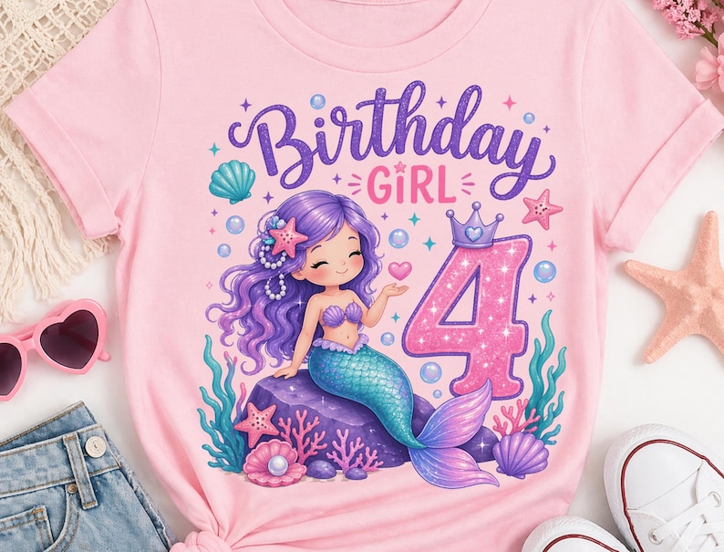 Personalized Mermaid Birthday Girl Shirt, Birthday Mermaid Kids T-shirt, Birthday Kids Shirt, Toddler Birthday Tee, Birthday Youth Tee image 4