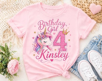 Camiseta de unicornio personalizada para niña, camiseta de unicornio con nombre personalizado, atuendo de unicornio arcoíris, camiseta de unicornio mágico.