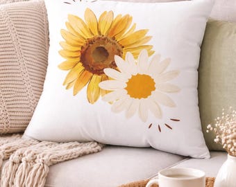 Sunflower & Daisy Throw Pillow – Watercolor Floral Cushion – Farmhouse Cottage Decor – Neutral Spring Home Accent