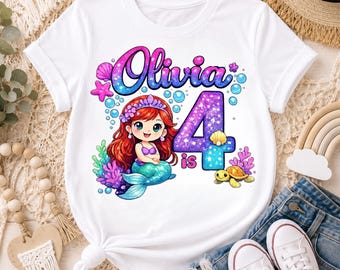 Camiseta de cumpleaños de sirena personalizada para niñas / Camiseta de sirena morada con nombre y edad personalizados / Conjunto de cumpleaños bajo el mar / Camiseta para fiesta de sirenas