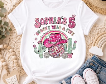 Custom Cowgirl Disco Birthday Shirts, Girls Disco Party Outfits, Western Disco Theme, Personalized Retro Birthday T-Shirts with name Pink
