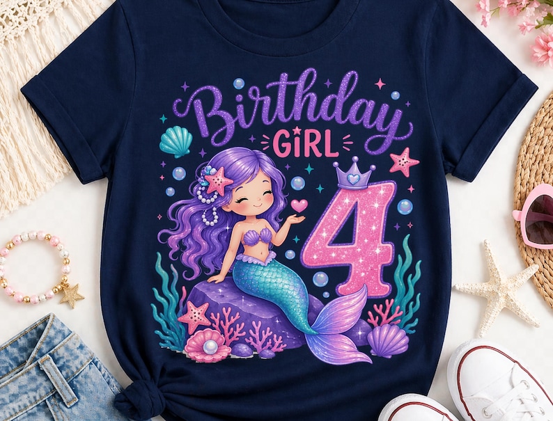May include: A navy blue t-shirt featuring a graphic of a purple-haired mermaid sitting on a rock, surrounded by coral, seashells, and bubbles. The text reads Birthday GIRL above a large, glittery pink number 4 with a small crown on top.