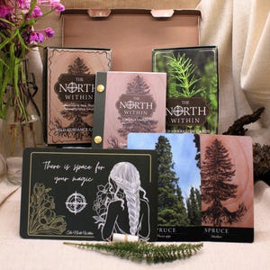 Puede incluir: Una colección de productos "The North Within", que incluyen barajas de cartas y folletos de orientación. Los artículos presentan ilustraciones de árboles y elementos botánicos. Una tarjeta dice "There is space for your magic" con una silueta de mujer.
