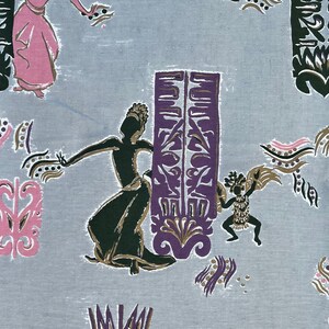 May include: A repeating pattern of stylized figures and geometric shapes in shades of pink, purple, gold, black, and green on a light blue background.