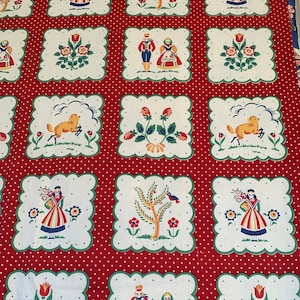 May include: Red fabric with a white polka dot pattern featuring a repeating design of white squares with green borders. Each square contains a different image, including a couple in traditional clothing, a bird on a tree, a flower, and a dog.