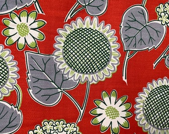 Red sunflower barkcloth, 2 yards of red 1950s vintage fabric for pillows, home decor