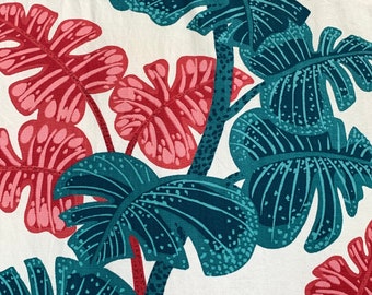 Monstera leaf barkcloth, 3 yards of 1950s tropical vintage fabric for curtains, upholstery