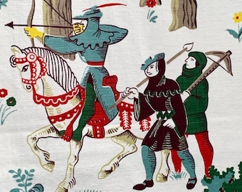 Medieval hunters barkcloth, 3.3 yards of 1950s fairy tale fabric for upholstery, home decor