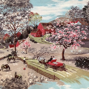 Spring outing vintage barkcloth, 2 yards of 1940s fabric like Grandma Moses, for home decor