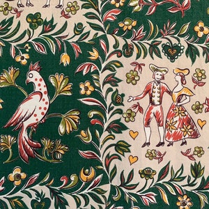 Pilgrim barkcloth, 2.5 yards of 1950s scenic vintage fabric with birds for pillows, home decor