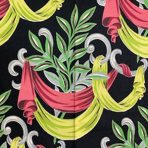 Chartreuse swag vintage barkcloth, 2.3 yards of 1940s art deco fabric for pillows, home decor