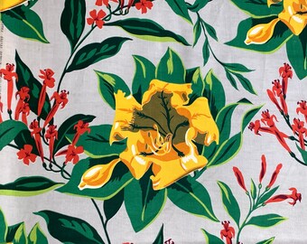 Orange lily barkcloth, 2 yards of 1950s tropical vintage fabric for upholstery, home decor