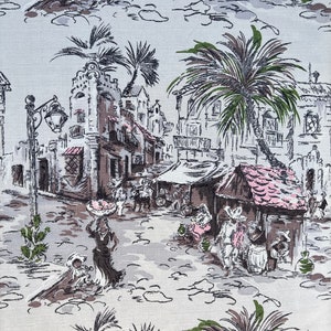 Mexicana barkcloth, 2 yards of 1950s vintage fabric with scenes from Old Mexico, for home decor