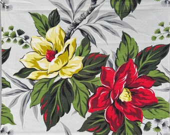 Tissu d'écorce vintage gris camélia, panneau d'oreiller en tissu aux couleurs vives de Noël des années 40