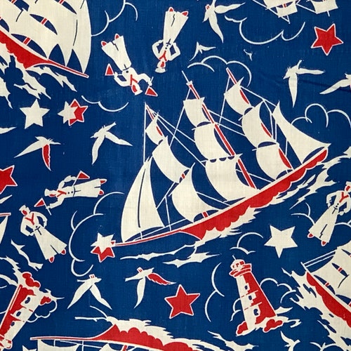 In the navy cotton, 1940s vintage fabric, shops 2 yards of fabulous percale for pillow cases, masks