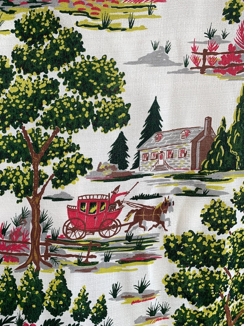 Stagecoach barkcloth, 1940s vintage fabric, 3.8 shops yards for upholstery, home decor