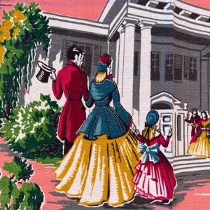 May include: A fabric print featuring a pink background with a scene of a large white house with columns. Figures in period clothing include a person in a red coat, a person in a blue jacket and yellow skirt, and a child in a red dress with a blue bow.