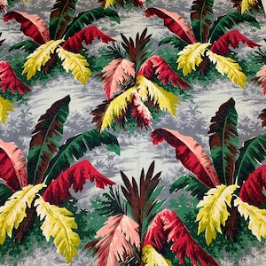 Pink palm barkcloth, 2.3 yards of bright 1950s tropical fabric for upholstery, home decor