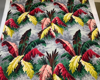 Pink palm barkcloth, 1950s tropical fabric, vintage panel for upholstery, home decor