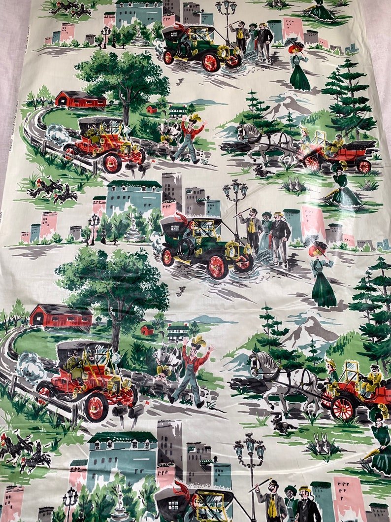Contraption chintz, 2 yards of 1940s vintage novelty fabric for home decor, man cave curtains image 3