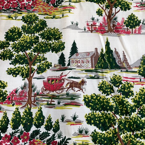 Stagecoach barkcloth, 1940s vintage fabric, 3.8 shops yards for upholstery, home decor