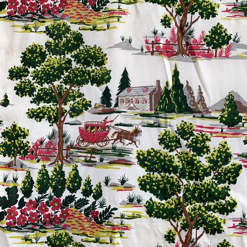 Stagecoach barkcloth, 1940s vintage fabric, 3.8 shops yards for upholstery, home decor