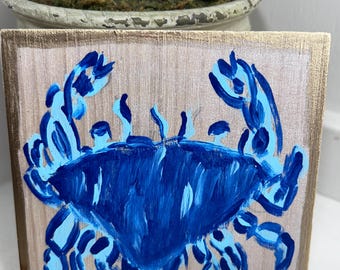 Bloco de arte com caranguejo azul, decoração costeira inspirada em lírios, 5x5 pintado à mão
