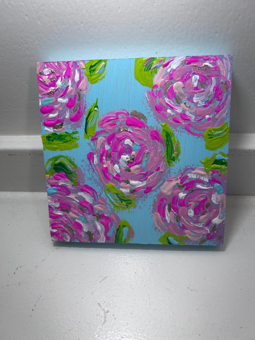 Lilly Inspired Preppy Flowers Art Decor Pink Green Hand Painted Wall ...