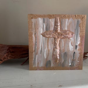 Baby Nursery Gold Cross on Wood Painting Hand Painted Puffy Wall Art 5 x 5 Block Textured Religious White Raised Cross Neutral Christ Gold