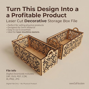 May include: Two laser-cut decorative storage boxes with intricate patterns and handles. The boxes are made of light brown wood and are designed for laser cutting. Text on the image reads: "Turn This Design Into a Profitable Product."