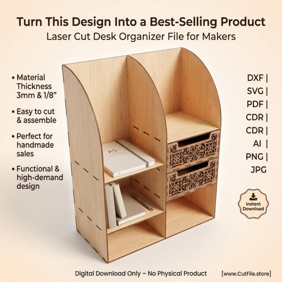 Desk Organizer Laser Cut File | SVG Office Storage Design for Laser Cutting