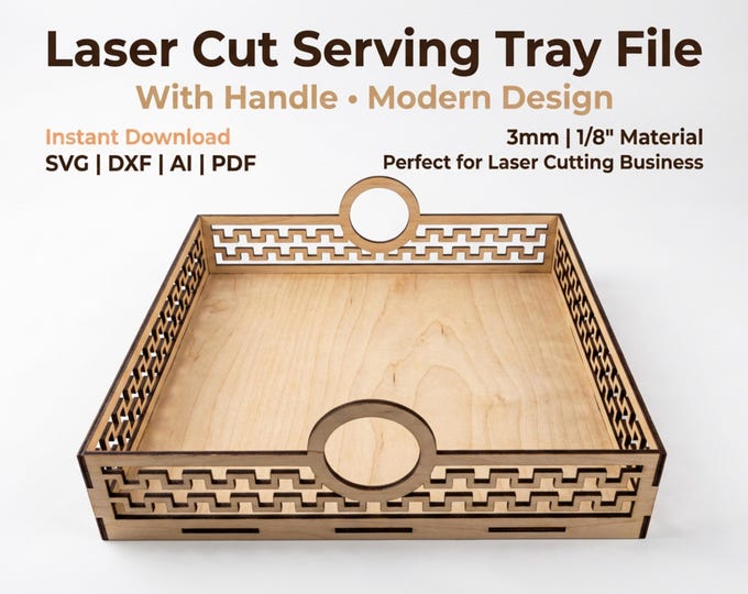 Featured listing image: Laser Cut Serving Tray SVG, Modern Geometric Handle File (3mm & 1/8" Plywood)'