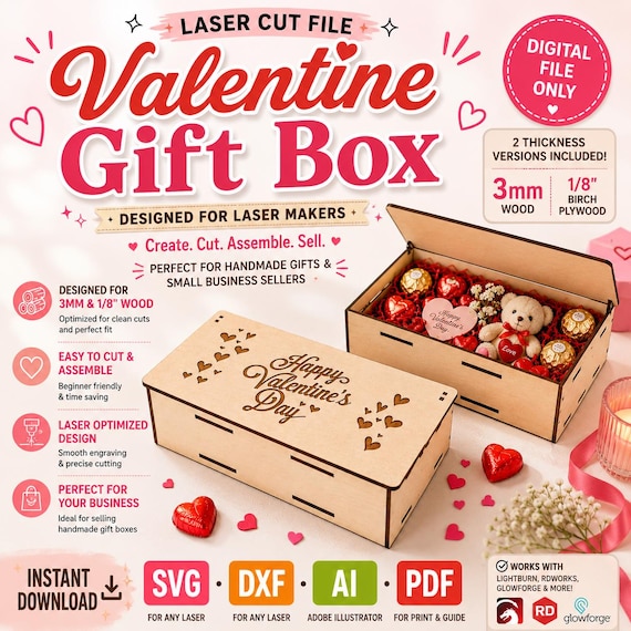 Valentine Gift Box Laser Cut File SVG | Wooden Valentine Box for Laser Cutting