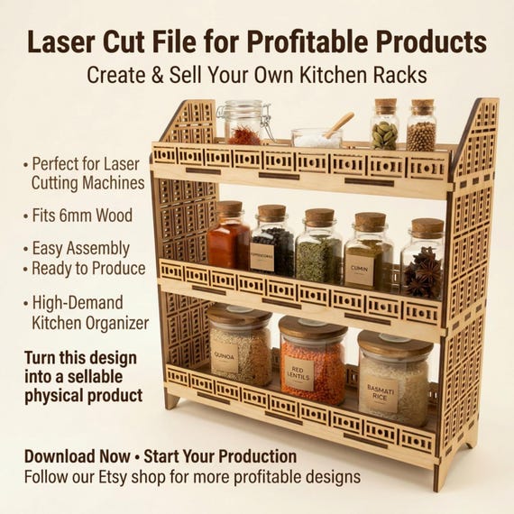 Laser Cut Kitchen Rack File | Spice Organizer Shelf, 6mm Wood CNC Plan (SVG)