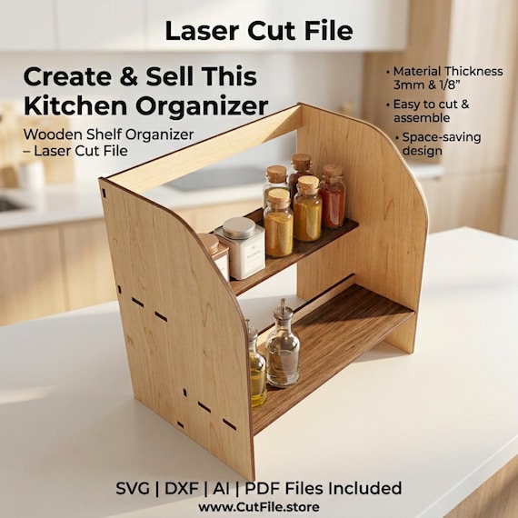 Kitchen Organizer Shelf Laser Cut File | Wooden Spice Rack SVG