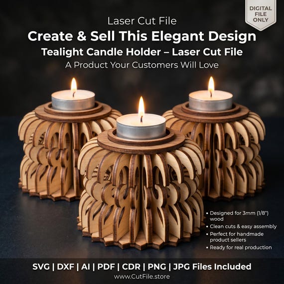 Tealight Candle Holder Laser Cut File | Wooden Candle Holder SVG