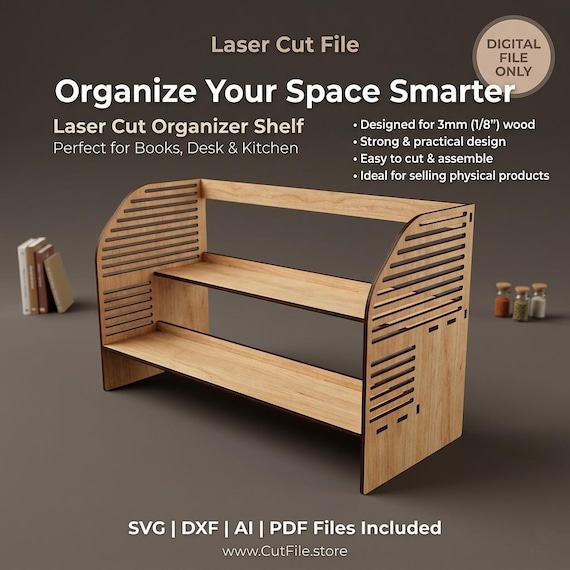 Organizer Shelf Laser Cut File | Kitchen Spice Rack & Desk Organizer SVG