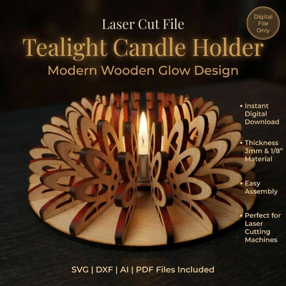 Tealight SVG Laser Cut File, Wooden Glow Design for Glowforge File