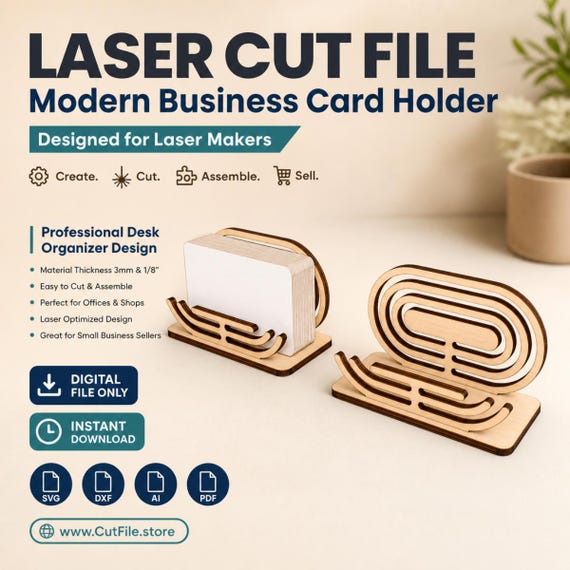 Modern Business Card Holder Laser Cut File SVG for Wooden Office Desk Organizer
