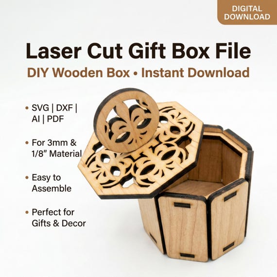 Ornate Hexagon Gift Box SVG Laser Cut Jewelry Case DXF Glowforge 3mm & 1/8" Plywood Trinket