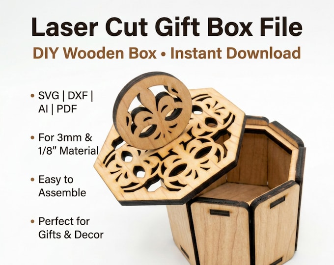 Featured listing image: Ornate Hexagon Gift Box SVG Laser Cut Jewelry Case DXF Glowforge 3mm & 1/8" Plywood Trinket