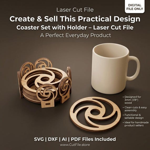 Modern Wooden Coaster Set Holder SVG | Laser Cut File