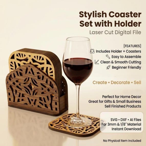 Modern Wooden Coaster Set Holder SVG | Laser Cut File, Glowforge Design (Digital Download)
