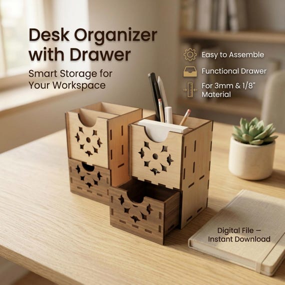 Desk Organizer with Drawer SVG | Laser Cut File for 3mm | Pen Holder