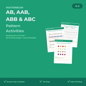 Puede incluir: Un fondo verde presenta imprimibles educativos para jardín de infancia y primer grado. Los imprimibles incluyen actividades de patrones con el texto "AB, AAB, ABB & ABC". La imagen también incluye el texto "Answer Key Included", "No Prep" y "Color Printing".