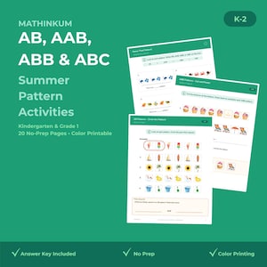 Puede incluir: Un fondo verde presenta hojas de trabajo con actividades de patrones con temas de verano para estudiantes de jardín de infancia y primer grado. Las hojas de trabajo incluyen patrones AB, AAB, ABB y ABC. El texto de la imagen dice "Answer Key Included", "No Prep" y "Color Printing".