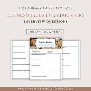 May include: A printable interview questions template for early childhood educators. The template features a seashell background and includes questions about experience, qualifications, and professional development.