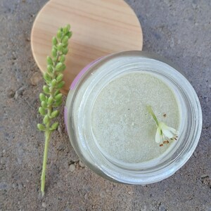 Puede incluir: Un tarro de vidrio transparente con una sustancia verde claro, una peque&ntilde;a flor blanca y una tapa de madera. Un tallo de planta verde con brotes est&aacute; al lado del tarro. El tarro est&aacute; sobre una superficie gris.